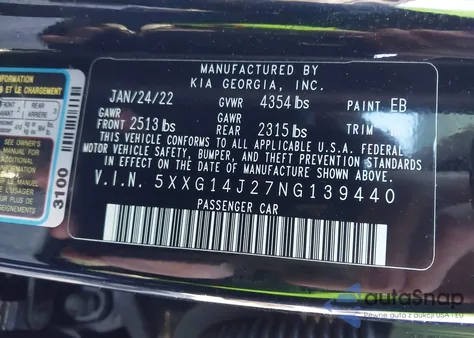 2022 Kia K5 Lxs z USA, uszkodzony, nr VIN 5XXG14J27NG139440